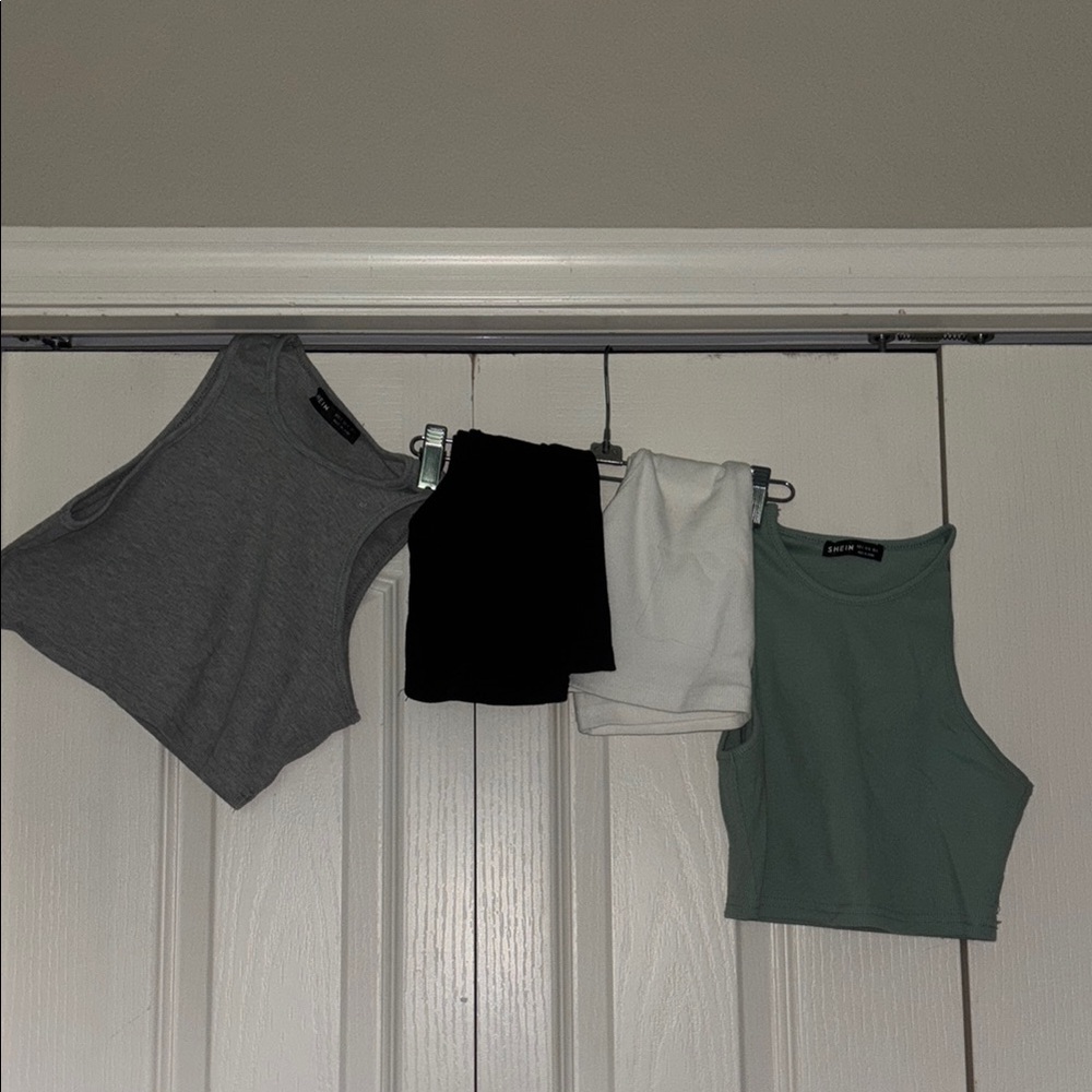 SHEIN Gray Black White and Green Crop Tank Tops